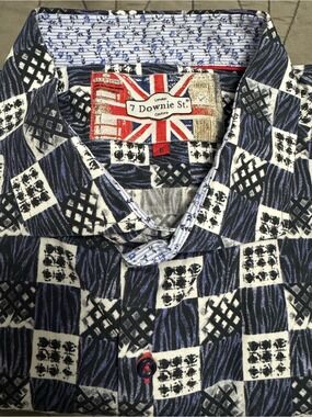 7 Downie St London Men’s Casual Button-Down Shirt - Navy/White Pattern 3XL